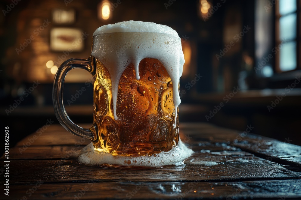 Poster A frothy mug of beer overflowing on a rustic wooden table in a cozy pub setting filled with warm ambiance. Generative AI