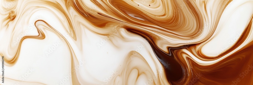 Aufkleber Swirling coffee blends with cream creating a captivating abstract pattern in a tranquil, soft-lit kitchen setting. Generative AI