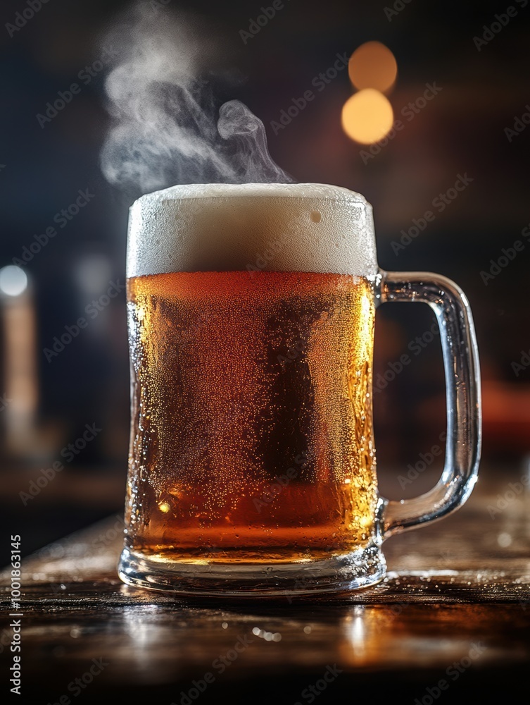 Poster A frothy beer mug overflowing with foam rests on a rustic wooden table, inviting a moment of enjoyment in a cozy setting. Generative AI