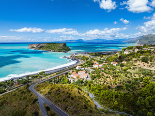 Praia a Mare from a drone, Tyrrhenian Sea, Cosenza, Calabria, Italy, Europe