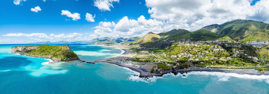 Praia a Mare from a drone, Tyrrhenian Sea, Cosenza, Calabria, Italy, Europe