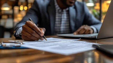 Job seeker filling out an application form at a desk with a laptop and pen 