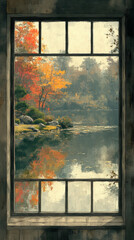 A rustic window frame offers a view of a tranquil lake with fall foliage reflected in the water.