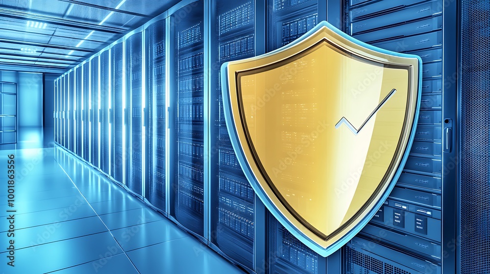 Poster gold shield with checkmark in front of server room.