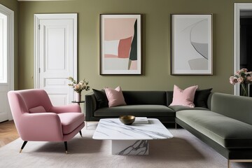 Chic Contemporary Living Area with Soft Pink Armchair and Sleek White Marble Coffee Table Against Pale Olive Wall