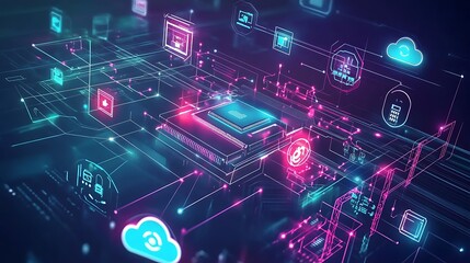 A futuristic illustration depicting a digital network with glowing lines, icons, and a central processor.