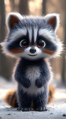 Obraz premium Cute Anthropomorphic Raccoon in Soft Plush 3D Style with Striped Fur and Surprised Expression