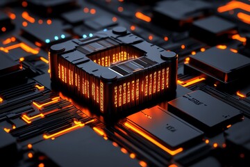 Cybersecurity defense grid in 3D, where digital walls and encrypted lines of code float in a virtual space, blocking incoming threats