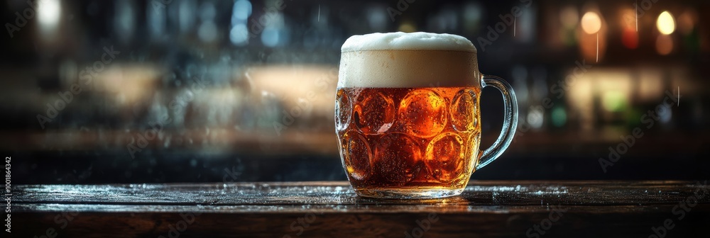 Fototapete A close-up view of a frothy beer mug overflowing with foam on a rustic wooden table in a cozy bar setting. Generative AI