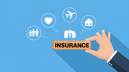 Fototapeta premium Hand Holding Wooden Block with Insurance Icons on Blue Background