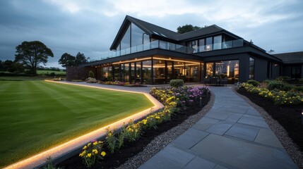 Fototapeta premium A contemporary garden path is softly lit by low-energy LED lights, showcasing vibrant flowers and trimmed hedges, with a modern home glowing in the evening