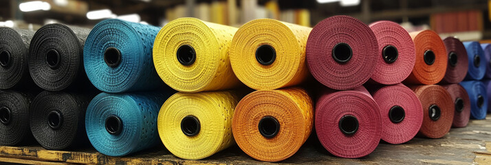 Rolls of colorful fabric in various shades.