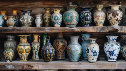 Antique Ceramic Vases Collection on Wooden Shelf