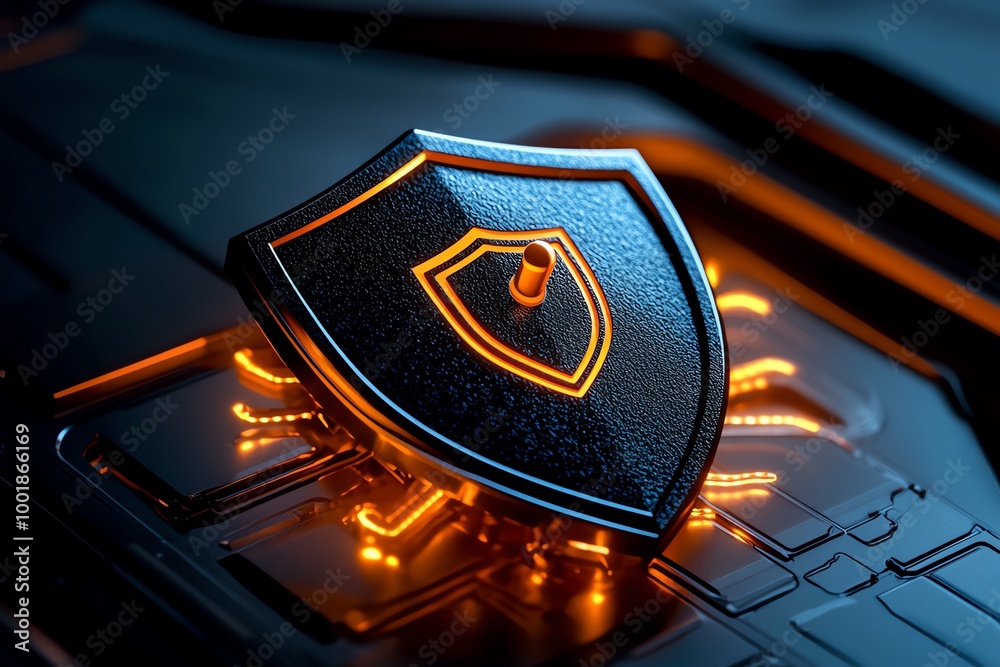 Poster data protection lock represented by a minimalist shield icon encased in a clean, geometric design