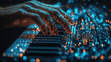 Hands Playing Keyboard with Sparkling Lights Effect