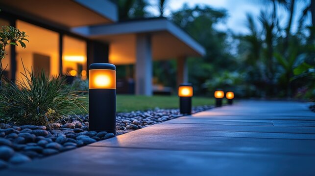 Smart outdoor lighting system that responds to movement, installed along the driveway 