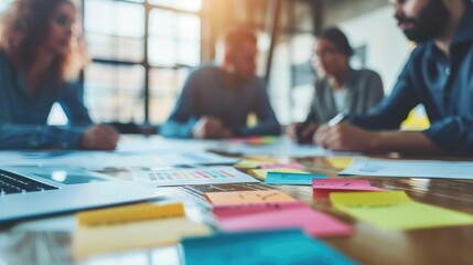 brainstorming table of business teamwork discussion with paperwork, sticky note and data at meeting workspace office.