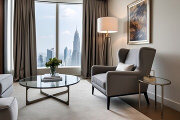 Contemporary Gray Upholstered Armchair Next to Minimalist Glass Coffee Table in Upscale Living Room Decor
