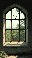 A view from a stone window with a beautiful green landscape.