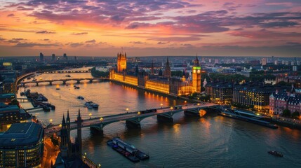 Fototapeta premium Illuminated Golden Bridge Over River at Dusk