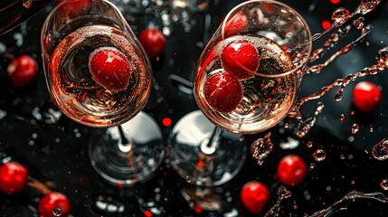 Two Glasses of Sparkling Wine with Red Berries Splash