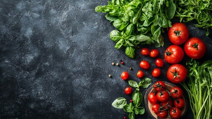 Fresh Tomatoes and Herbs on Dark Rustic Background