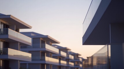 Fototapeta premium A row of contemporary apartment buildings showcases private balconies adorned with potted plants, highlighting urban living. The large windows reflect the warm glow of sunset
