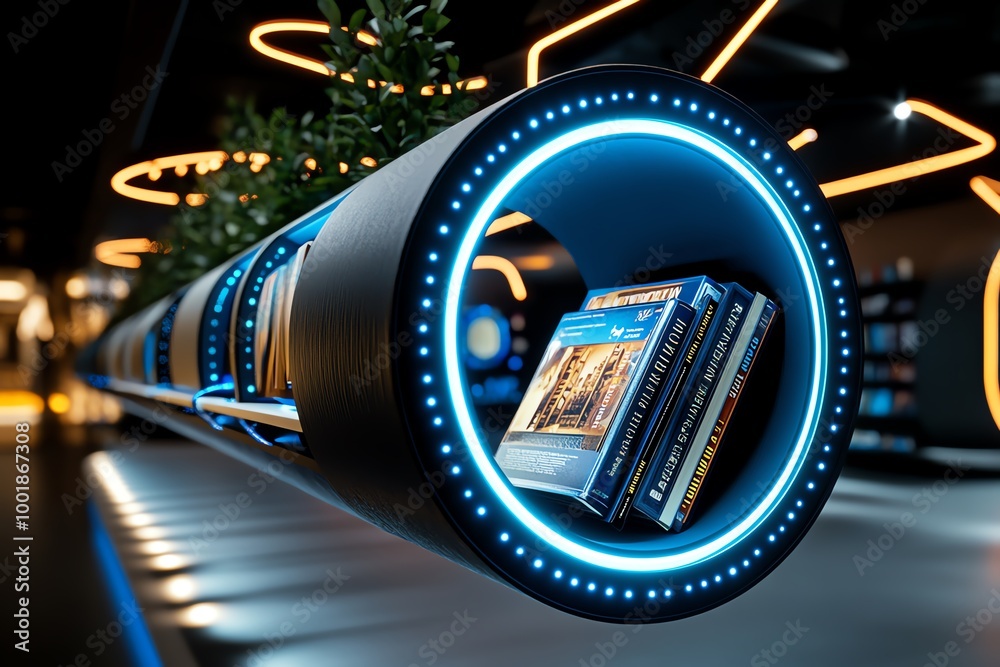 Poster Digital 3D bookshelf, where each book floats out of the shelf, rotating and showing off their covers in a futuristic design