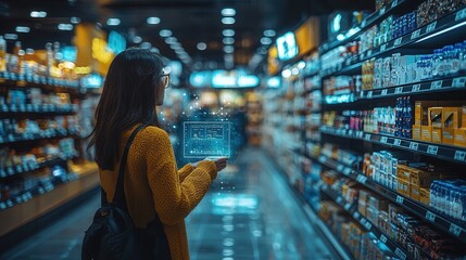 Woman using digital device in modern retail store