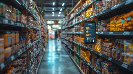 Modern Grocery Store Aisle with Smartphone Display