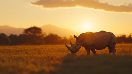 Fototapeta premium The white rhinoceros enjoys a peaceful meal in the grassy savannah, illuminated by the warm, golden hues of sunset, with trees and mountains enhancing the backdrop