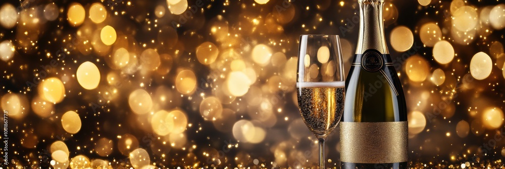 Poster celebrate special occasions with a bottle of champagne and sparkling wine flute against a festive bo