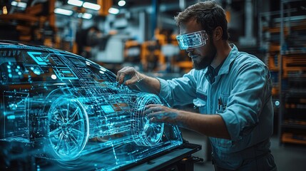 Futuristic Engineer Working with Holographic Car Design
