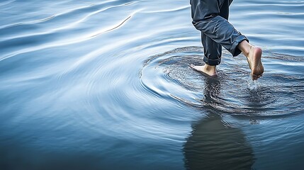 Person walking barefoot on tranquil ocean surface with gentle ripples spreading outwards.