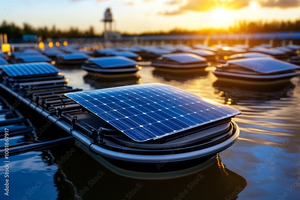 Aufkleber digital 3d floating solar farm, where solar panels hover over the surface of a calm, virtual ocean, 