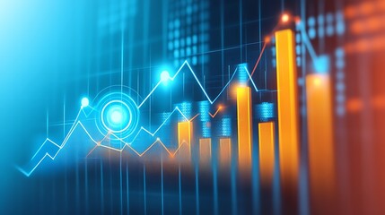 An image of a digital graph chart showing significant growth in a stock trade market, with upward trending lines and data points representing successful investments and profit margins.