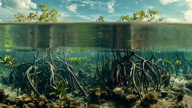 A split-level view of a mangrove forest, showing the roots above and below the water's surface