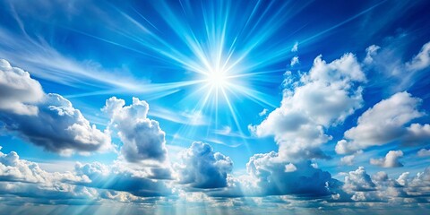 A radiant sun beams down on a backdrop of fluffy white clouds, casting bright rays of light through the cerulean sky