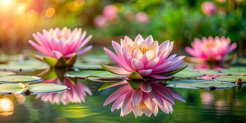 Obraz premium Pink Water Lily Blossom Reflecting in a Serene Pond with Lush Green Leaves and Sunlight Filtering Through the Canopy