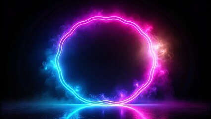Obraz premium A glowing neon light forms a circle in the darkness, surrounded by a soft haze of blue and purple smoke.