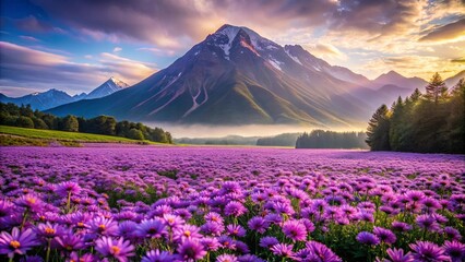 A vast field of vibrant purple wildflowers blossoms in the valley, framed by majestic mountains bathed in the golden light of a breathtaking sunrise.