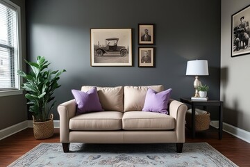 Cozy Apartment Living Area Featuring Beige Loveseat with Lavender Cushions and Vintage Photography on Grey Wall