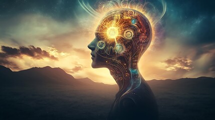 Obraz premium A surreal image of a figure gazing up at a glowing, ethereal portal in the sky, symbolizing the opening of the akashic records and access to ancient wisdom and knowledge.