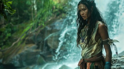 Wild Woman in Primitive Clothing by a Waterfall