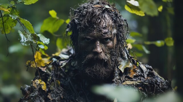 Mud-Covered Man Emerging from Leafy Wilderness