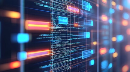 Naklejka premium An abstract image of colorful lines of code intertwining with advanced technology icons, representing the connection between AI, coding, and modern tech concepts.