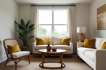 Elegant Minimalist Living Room Featuring Oval Bamboo Table Cream Loveseat and Mustard Accent Cushions
