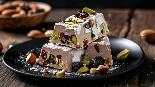 Delicious nougat bars with Dried Fruits and Nuts,  Close Up,  served on black plate