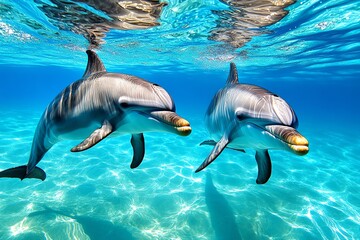 Obraz premium Dolphins swimming through perfectly clear water, their sleek bodies visible in stunning detail, with light playing across their backs