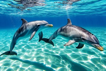 Obraz premium Dolphins swimming through perfectly clear water, their sleek bodies visible in stunning detail, with light playing across their backs